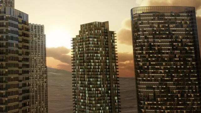 Modern skyscrapers tower over the desert landscape with glowing windows shining brightly as the sun sets in the background sky