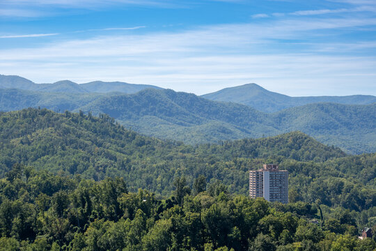 A mountain view with a resort included in Gatlinburg, Tennessee.