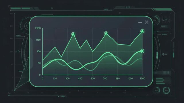 glowing green digital line graph data chart displays fluctuating financial metrics within futuristic technological interface dashboard with advanced system monitoring elements in the background