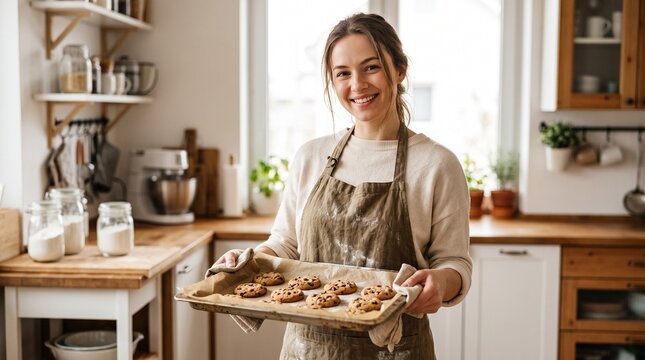 Smiling woman holding a baking sheet with freshly baked chocolate chip cookies