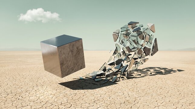 Floating metallic cube in a desert landscape casting a surreal shadow shaped like shattering glass shards on cracked dry soil ground.
