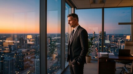 Plakat Businessman looking out office window at city skyline at sunset