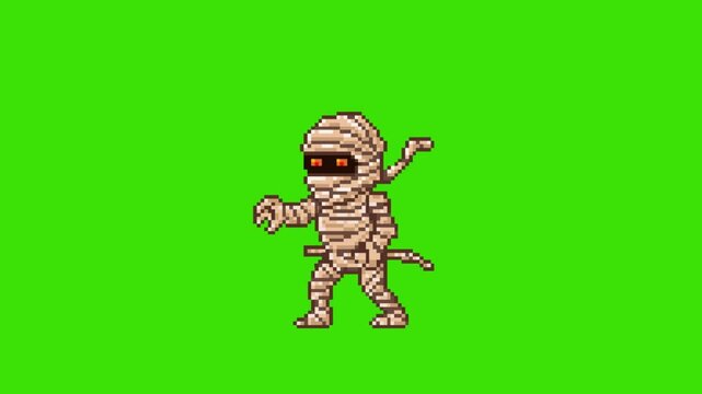 Pixel art retro game walking loop animation of ancient Egyptian mummy enemy character, isolated on green screen.