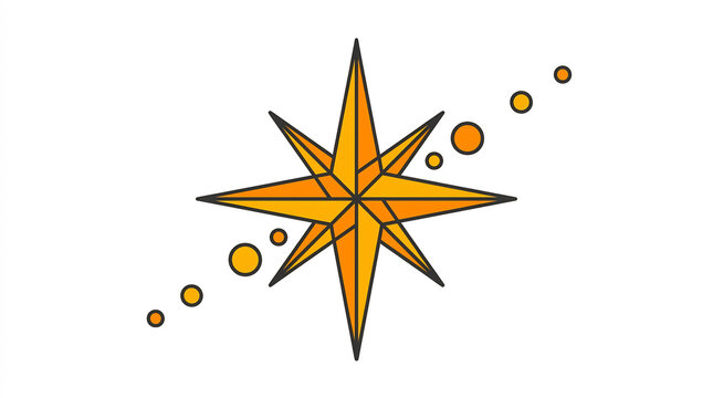 Stylized orange eight pointed compass star with dots on white background