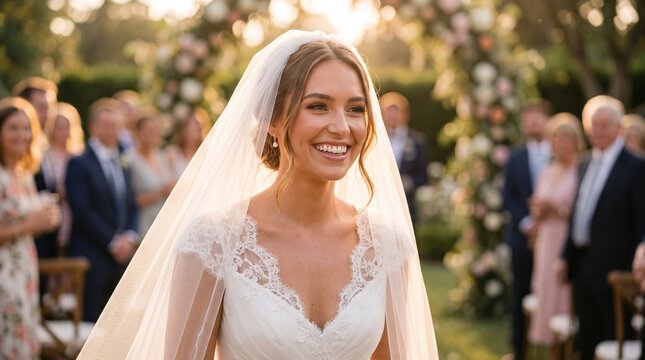 Joyful Bride Smiling During Outdoor Wedding Ceremony with Guests