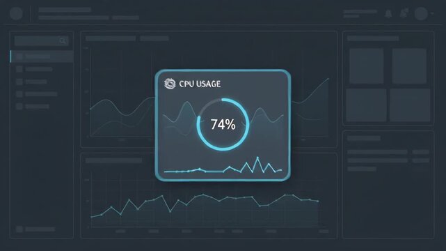 digital CPU usage indicator showing sixty-nine percent progress in circular progress bar centered over dark dashboard interface featuring various analytical line charts and technical widgets