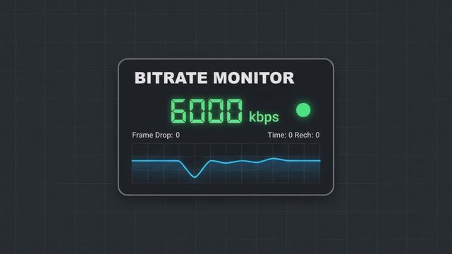 digital bitrate monitor interface displaying real-time data flow statistics active connection status and fluctuating graph set against dark minimalist grid background for tech concepts