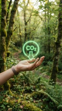 Hand holding glowing CO2 symbol in lush green forest environment.