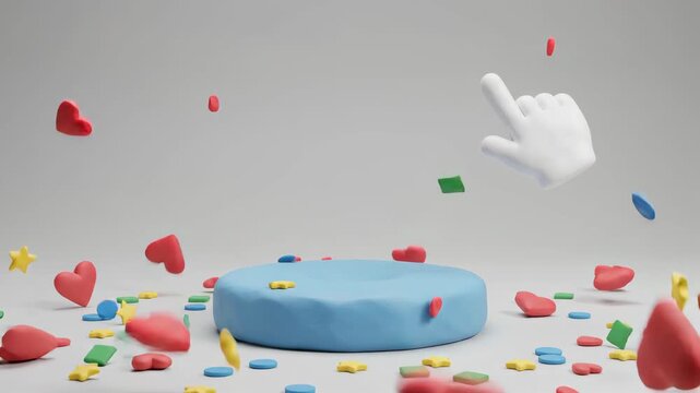 white 3D hand cursor clicks on blue platform causing an explosion of red hearts yellow stars and geometric confetti shapes floating against minimal light gray studio background
