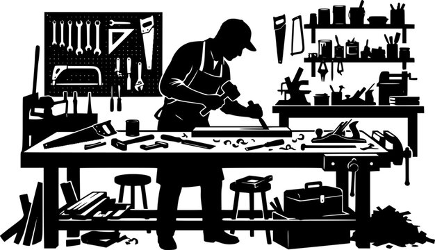 Black silhouette of craftsman working with tools on table in workshop isolated on white background
