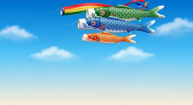 Colorful carp streamers soar through a brilliant blue atmosphere with soft white clouds, symbolizing a vibrant traditional celebration, fabric, symbolic, day