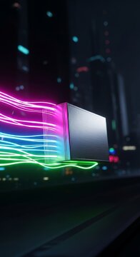 Vibrant neon streaks in magenta, electric blue, and lime green illuminate a package being transported through a dark, futuristic urban space, glowing, innovation, cyan