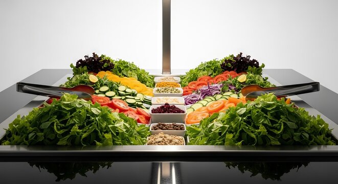 A vibrant spread of fresh garden vegetables, leafy greens, and assorted toppings neatly arranged in a modern stainless steel salad bar, restaurant, vegetarian, appetizer