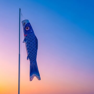 Traditional fish-shaped windsocks fluttering against a vibrant dawn sky with soft orange, purple, and blue gradients for a peaceful mood, fish, orange, breeze