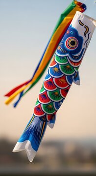 Close-up of a colorful fabric carp streamer fluttering in the wind, showing intricate scale patterns, vibrant stitching, and textile texture, gradient, stitching, textile