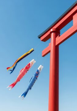 Vibrant carp windsocks sway gracefully near a traditional red wooden gateway structure set against a bright blue sky on a clear spring day, torii, outdoors, peaceful