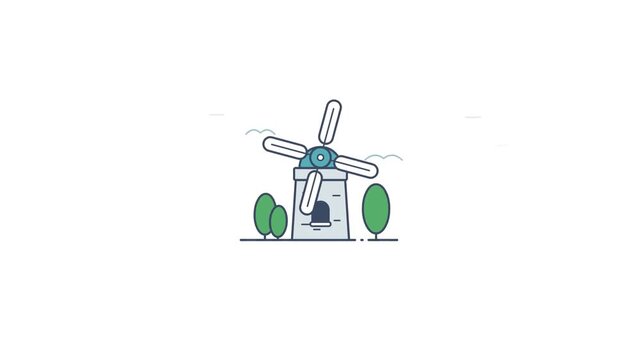 Minimalist flat line animation of a traditional windmill with rotating blades in a rural countryside landscape.