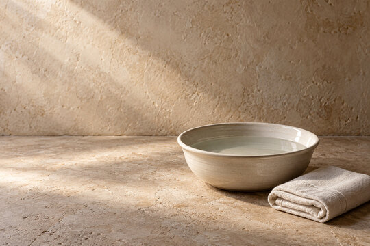 Foot Washing Basin and Linen Towel for Christian Humility and Service