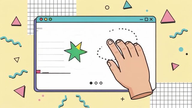 hand interacts with digital data chart interface on screen set against playful background filled with vibrant geometric shapes and whimsical patterns in flat modern design style