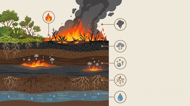 Peatland fire infographic cross-section showing burning underground peat layers, smoke emissions, roots and groundwater with icons and copy space