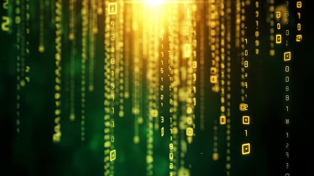 Abstract digital data stream with falling numbers and glowing light, green and gold binary code motion. Cyber security, big data, technology background.