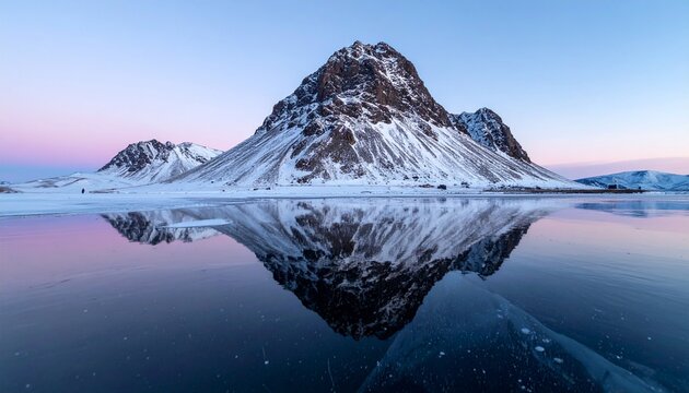 Une montagne rocheuse enneig&eacute;e se refl&egrave;te dans l'eau calme sous un ciel d&eacute;grad&eacute; bleu et rose cr&eacute;pusculaire o&ugrave; la lumi&egrave;re douce accentue les textures glac&eacute;es.