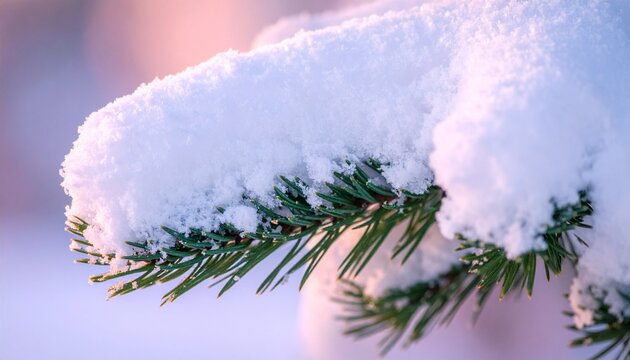 Une branche de conif&egrave;re vert fonc&eacute; porte une &eacute;paisse couche de neige fra&icirc;che sous un ciel cr&eacute;pusculaire aux teintes douces de lavande et de rose.