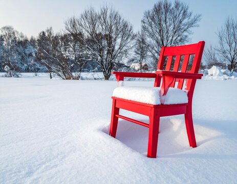 Une chaise rouge en bois isol&eacute;e sur neige fra&icirc;che sous ciel bleu p&acirc;le avec arbres nus et lumi&egrave;re douce hivernale cr&eacute;ant une ambiance calme.