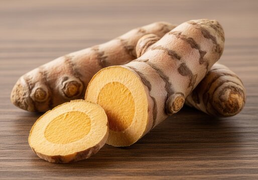 Fresh Turmeric Root Sliced on Wooden Surface Organic Spice for Health and Cooking