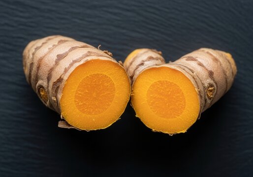 Fresh Turmeric Root Halved on Dark Background Vibrant Orange Interior