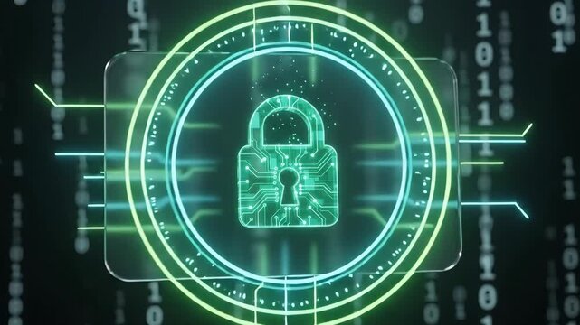 glowing green digital padlock icon floats on glass screen symbolizing cybersecurity protection while binary code streams down in the dark technological background