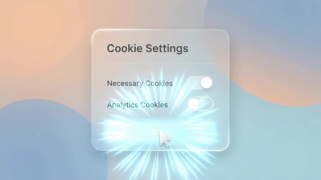 computer mouse cursor clicks toggle switch on translucent glass cookie settings interface displayed against soft abstract gradient background with shimmering particles and UI elements