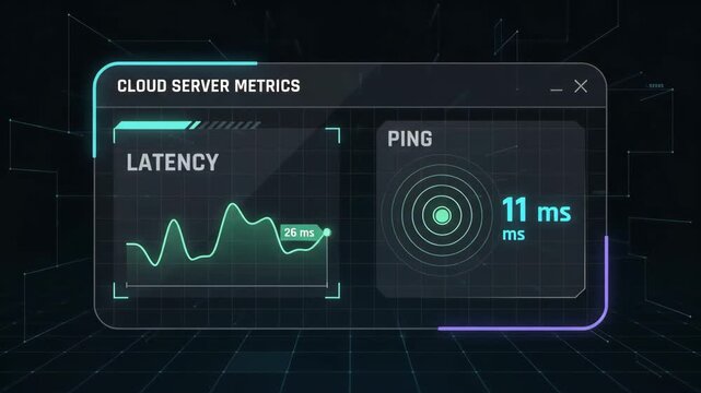 Digital cloud server metrics interface displaying latency and ping data on futuristic monitor set against dark abstract background with glowing geometric grid lines and data connections