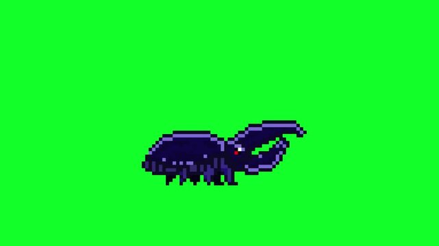 Pixel art retro game animation of giant desert beetle insect in idle breathing stance, isolated on green screen.