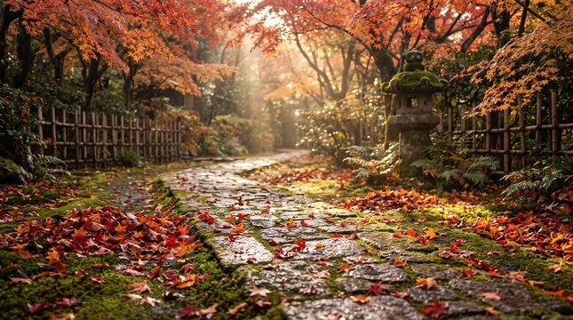紅葉に包まれた石畳の小道と苔むした石灯籠