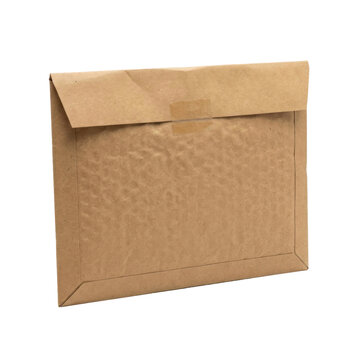 A sealed brown paper bubble mailer isolated on a transparent background