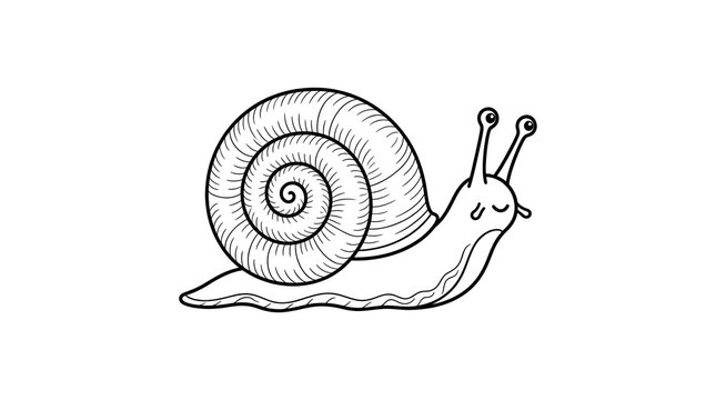 Snail slug crawling big round spiral shell fine lines eyes on long tentacles cute winking face, slimy creeping body, black line cartoon outline vector illustration on clean plain white background