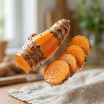 Fresh Turmeric Root and Slices Levitating with Water Droplets Healthy Spice Ingredient for Cooking and Wellness