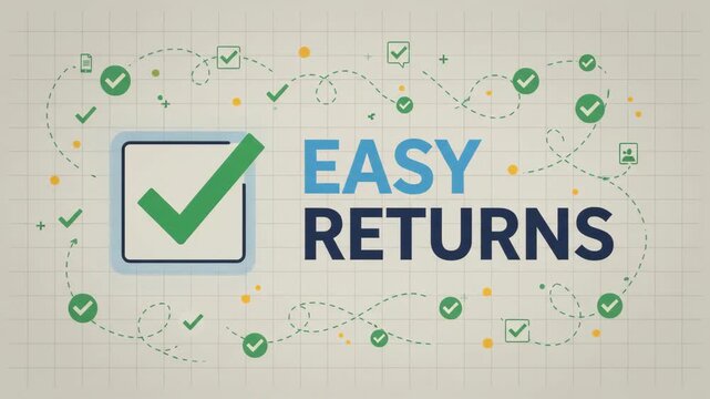 cardboard box illustration signifying easy returns with circular arrow icon positioned against light beige grid background representing shipping commerce and logistics processes