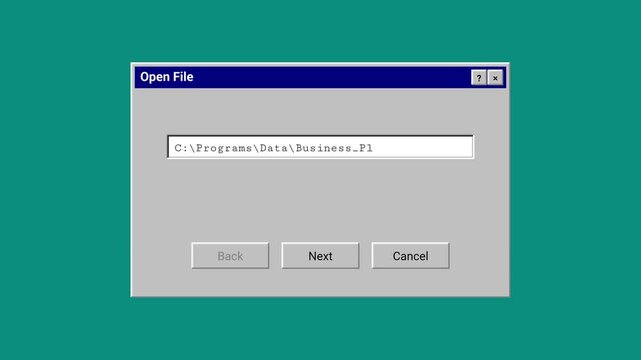 Retro Computer Open File Dialog Box Animation on Teal Background