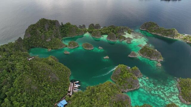 Aerial view with video of Star Lagoon, Raja Ampat, West Papua, Indonesia