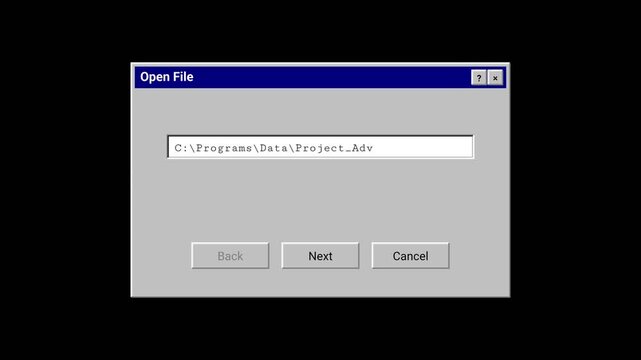 Retro File Open Dialog Interface Operating System on Black Screen Animation