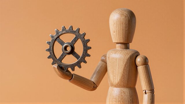 Wooden figure holds gear, symbolizing mechanics or engineering concepts.