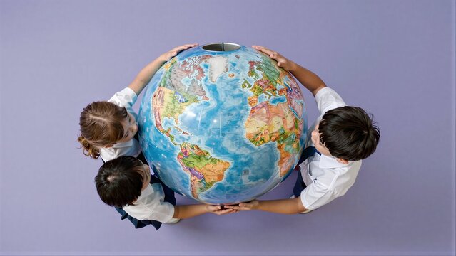 Three children in school uniforms hold a globe, symbolizing global learning and exploration.
