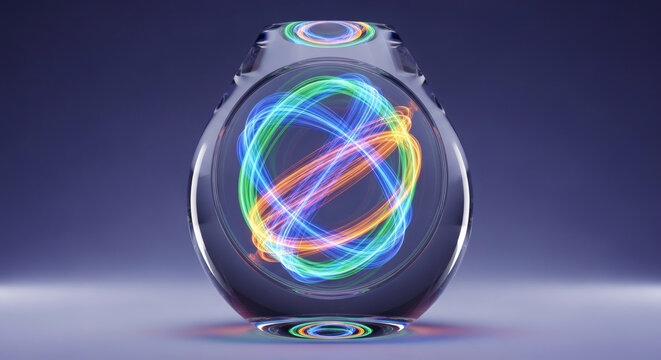 Futuristic Glass Sphere with Glowing Colorful Neon Light Swirls and Dynamic Energy Waves on a Dark Background