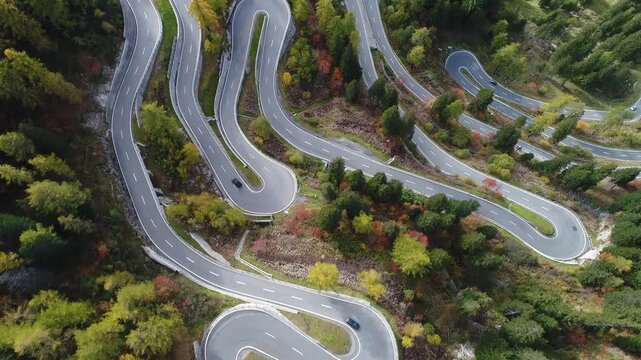 Traffic on the Maloja Pass with autumnal trees, drone shot, Maloja, Engadin, Graub&uuml;nden, Switzerland