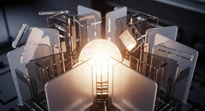 Abstract futuristic energy core with glowing light source and glass panels in high-tech reactor for advanced science and industrial innovation concepts