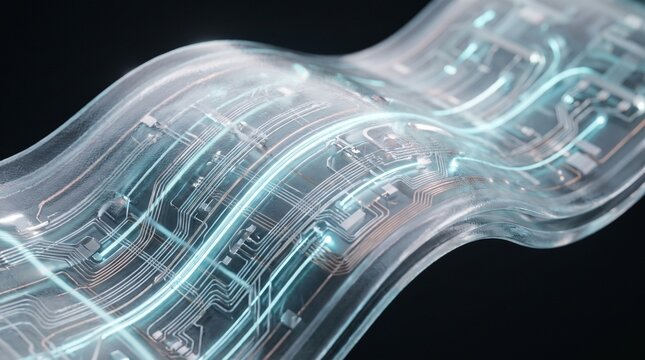Transparent robotic synthetic skin revealing flexible circuits, microchannels and embedded sensors inside a futuristic multilayer artificial membrane.
