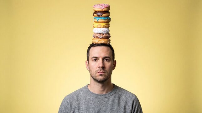 Serious man balancing a tall stack of colorful glazed donuts on his head