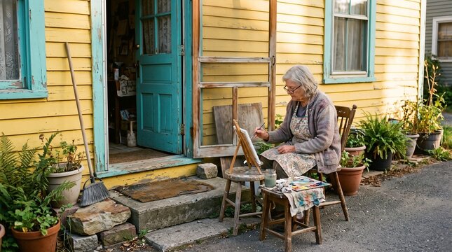 Senior woman painting on canvas outdoors in front of rustic cottage